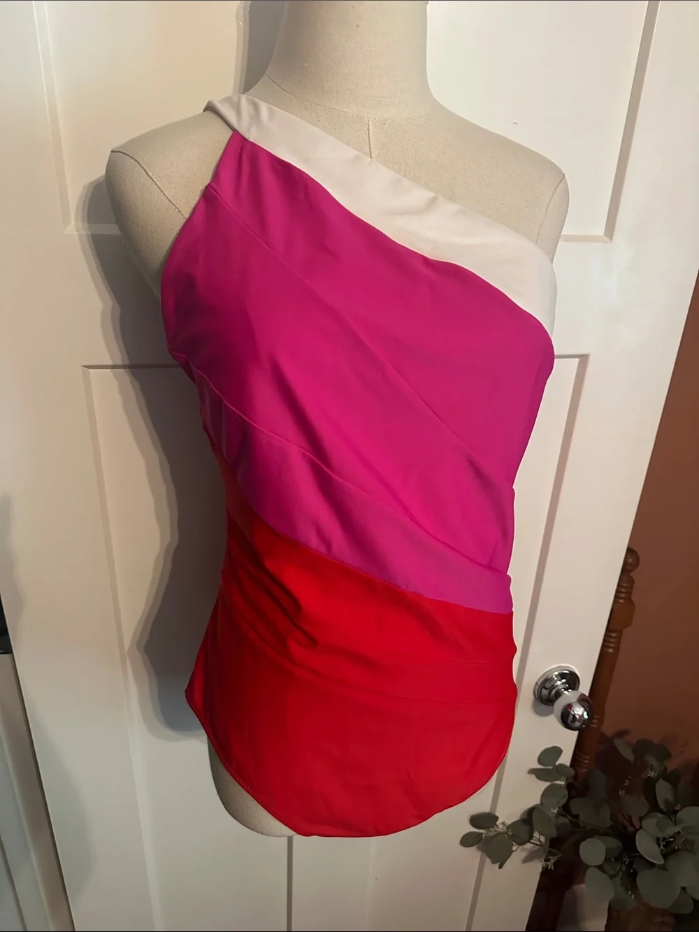 summersalt colorblock sidestroke 16 One-Shoulder Hot Pink Red white swimsuit